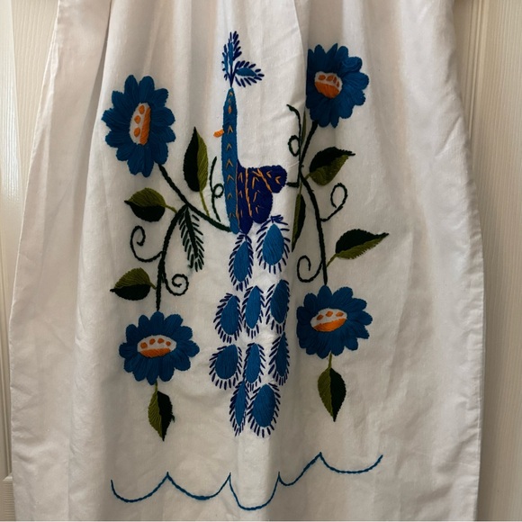 Mexican Style Hand Embroidered Dress - White  with Floral Accents - Picture 3 of 7